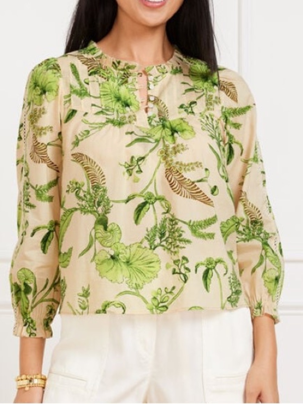 LACE TRIM PINTUCK TOP - BRANCHING FLORAL